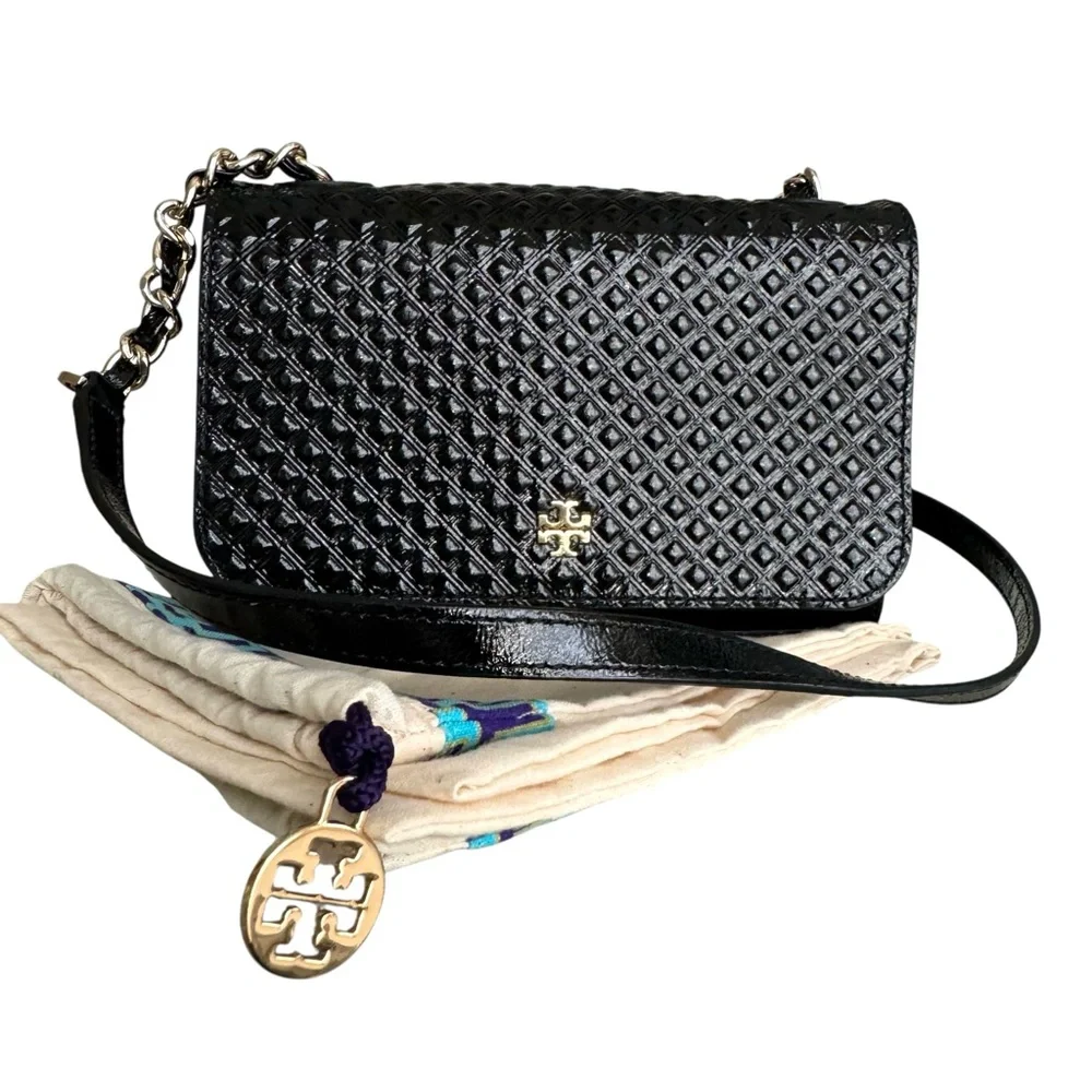 🆕 Tory Burch Marion Patent Flap Shoulder Bag Crossbody Black Embossed Leather